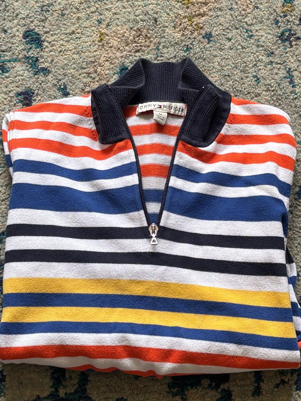 Tommy Hilfiger Striped Half-Zip Sweater in Navy, Red, Yellow, White